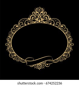 Decorative line art frame for design template. Elegant vector element Eastern style, place for text. Golden outline floral border. Lace illustration for invitations and greeting cards