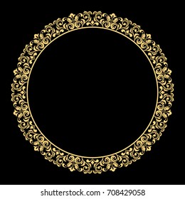 Decorative line art frame for design template. Elegant vector element for design in Eastern style, place for text. Golden outline floral border. Lace illustration for invitations and greeting cards