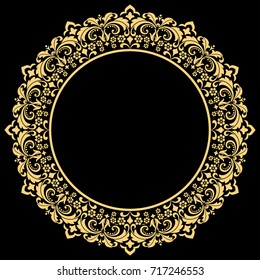Decorative line art frame for design template. Elegant vector element for design in Eastern style, place for text. Golden outline floral border. Lace illustration for invitations and greeting cards