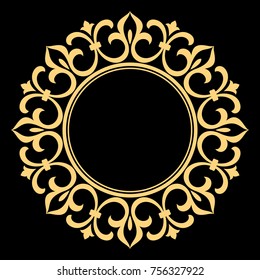 Decorative line art frame for design template. Elegant vector element for design in Eastern style, place for text. Golden outline floral border. Lace illustration for invitations and greeting cards