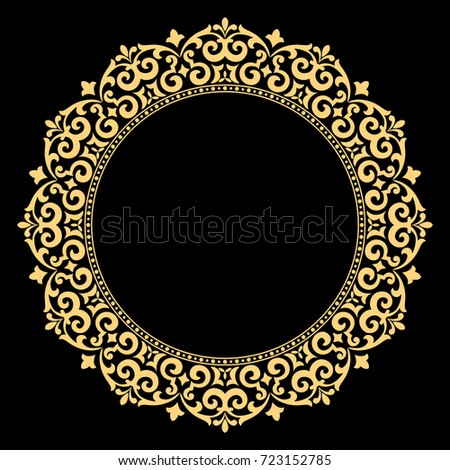 Decorative line art frame for design template. Elegant vector element for design in Eastern style, place for text. Golden outline floral border. Lace illustration for invitations and greeting cards