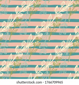 Decorative line art leaf seamless pattern on stripe background. Hand drawn  floral botanical wallpaper. Backdrop for fabric design, textile print, wrapping. Fashion vector illustration