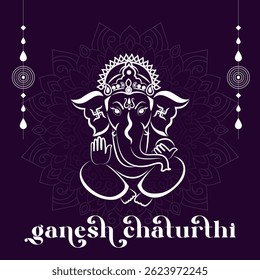 Decorative line art of Lord Ganesha with intricate mandala and Ganesh Chaturthi text on purple background  perfect for festival greeting cards posters and invitations