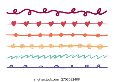 Decorative line borders and dividers featuring hearts, dots, flowers, and playful scribbles in vibrant colors