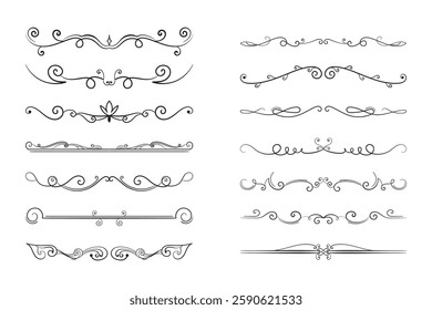 Decorative line borders, elegant design elements. Vector set of decorative ornate  patterns for invitations, certificates, documents. Vintage, swirls, flourishes. Black on white, intricate, detailed 