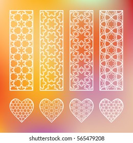 Decorative line borders and matching hearts collection, geometric lace patterns. Isolated design elements on a blurred red background. Decor for invitations, cards, bookmarks, banners, fabric print