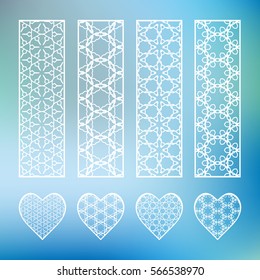 Decorative line borders and matching hearts collection, geometric lace patterns. Isolated design elements on a blurred blue background. Decor for invitations, cards, bookmarks, banners, fabric print
