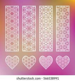 Decorative line borders and matching hearts collection, geometric lace patterns. Isolated design elements on a blurred purple background. Decor for invitations, cards, bookmarks, banners, fabric print