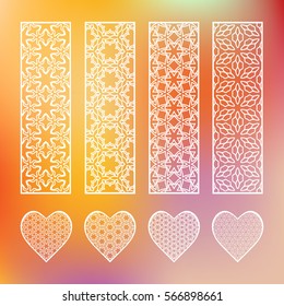 Decorative line borders and matching hearts collection, geometric lace patterns. Isolated design elements on a blurred red background. Decor for invitations, cards, bookmarks, banners, fabric print
