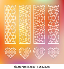 Decorative line borders and matching hearts collection, geometric lace patterns. Isolated design elements on a blurred red background. Decor for invitations, cards, bookmarks, banners, fabric print