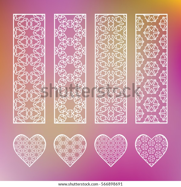 Decorative line borders and matching hearts\
collection, geometric lace patterns. Isolated design elements on a\
blurred purple background. Decor for invitations, cards, bookmarks,\
banners, fabric\
print