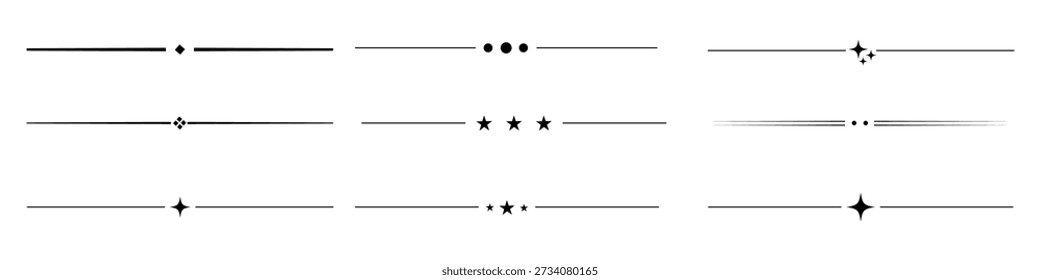 Decorative line dividers featuring dots, stars, and diamond shapes for text icon set. ornamental borders, vintage separators, floral accents, whimsical designs symbol. vector illustration.