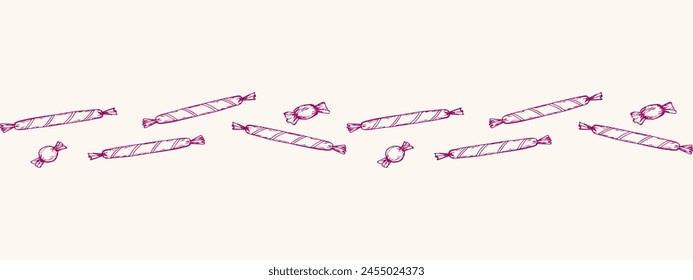 Decorative line of doodle drawings of sweet candies. Border for decorating a pastry shop. Seamless vector horizontal pattern.