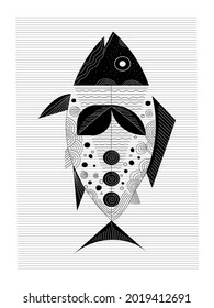 Decorative line fish black on white icon,character,vector illustration.