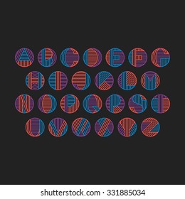 Decorative line font. Striped latin alphabet. Round monochromatic modern monograms. Bright for dark and light backgrounds.  