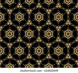 decorative line geometric ornament. gold on black background. seamless vector illustration. texture for design, wallpaper, invitation card, banner, fabric .