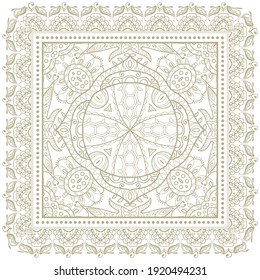 Decorative line ornament on white background, symmetric pattern with doodle lace frame. Tribal ethnic mandala decor. Bandana shawl, hijab, tablecloth fabric print, silk neck scarf, kerchief design