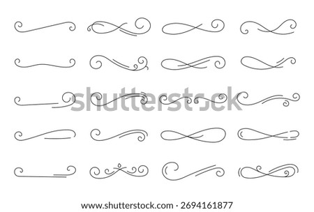 Decorative line ornament set with elegant swirls hand drawn outline elements for invitation, border decoration, divider, vintage frame, and minimal calligraphy embellishment design