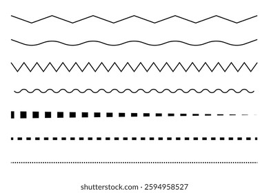 Decorative line set. Various border styles. Dashed zigzag wavy. Vector illustration.