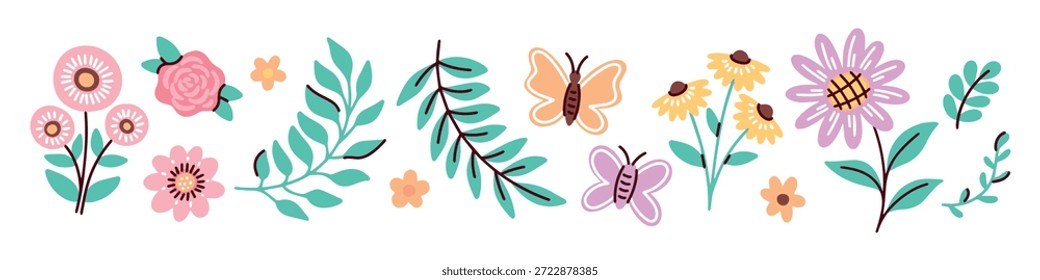 Dekorative lineare Anordnung von Federblüten und Insekten für Webseitenköpfe oder Papierhandwerk. Schöner Blumenrand mit Schmetterlingen und verschiedenen Pflanzen auf Weiß