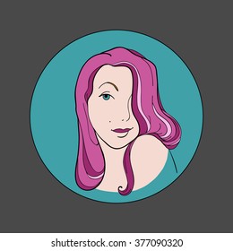 Decorative linear cartoon style head and face girl young woman colorful wave pink hair and hairstyle