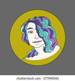 Decorative linear cartoon style head and face girl young woman colorful wave violet hair and hairstyle on mustard background