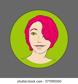 Decorative linear cartoon style head and face girl young woman colorful wave pink hair and short hairstyle on green background