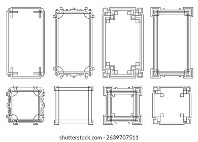 Decorative linear designs for borders and frames in various styles, suitable for graphic design projects and art applications. Korean frame set. Editable stroke. 