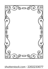 Decorative linear frame. Beautiful ornate border with swirls, geometric rectangular shape and branched strokes. Design element for wedding invitations. Cartoon flat vector illustration in doodle style