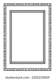Decorative linear frame. Beautiful thin border with two rectangles and ornate wavy or curved patterns. Design element for greeting cards or posters. Cartoon flat vector illustration in doodle style