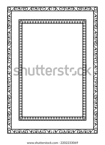 Decorative linear frame. Beautiful thin border with\
two rectangles and ornate wavy or curved patterns. Design element\
for greeting cards or posters. Cartoon flat vector illustration in\
doodle style