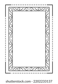 Decorative linear frame. Vintage or retro border with geometric rectangular shapes, corners and leaves. Design element for greeting cards or posters. Cartoon flat vector illustration in doodle style