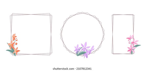Decorative linear frames with orchid flowers (Darwinara) on a white background, flat illustration. Set of simple elegant frames for your design. Flat cartoon vector illustration.