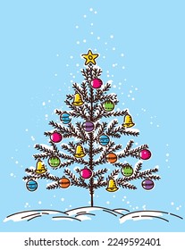Decorative linear style Christmas tree decorated with toys. White snow falls on the tree. The branches are covered with snow.
