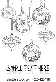 decorative linear vector background with Christmas tree ornaments, pattern and text,Christmas toys