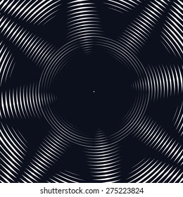 Decorative lined hypnotic contrast background. Optical illusion, creative black and white graphic moire backdrop.