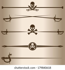 Decorative lines. Elements for design - decorative line dividers and corner ornament. Black Label, jolly roger. 