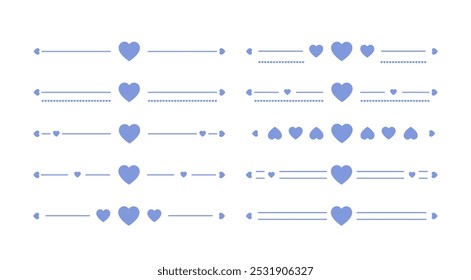 Líneas decorativas con corazones engastados. Corazones azules con flechas y líneas punteadas. Creatividad y arte minimalista. Divisores y marcos. Colección plana del Vector aislada en el fondo blanco