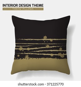 Decorative Lines & Splashes Throw Pillow design template in Gold & Black. Original abstract pattern is masked. Modern interior design element. Creative Sofa Cushion. Vector design is layered, editable