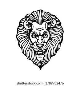 decorative lion head with mane, for ornament, logo or emblem, vector illustration with black ink contour lines isolated on a white background in a hand drawn style