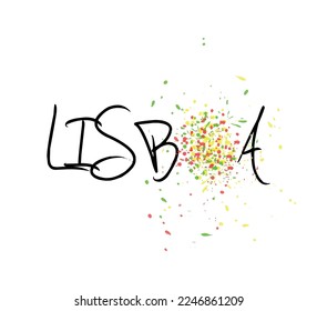 decorative lisboa text with colorful paint drops on white background