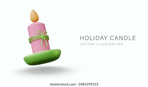 Decorative lit pink candle. Vector realistic element for festive entourage