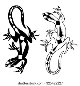 Decorative lizards reptiles with long curved tails decorated geometric ornament isolated on white background, vector illustration suitable for tattoo, logo or mascot design, scrapbooking, page cover