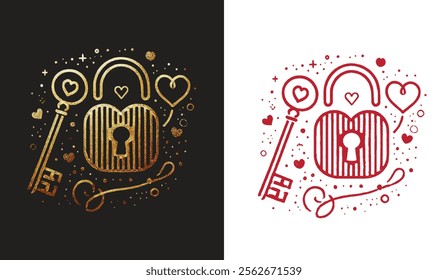 A decorative lock and key design featuring hearts, swirls, and sparkles in gold and red hues, symbolizing love and security. Perfect for romantic or abstract themes