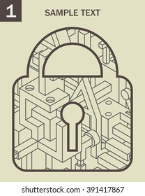 Decorative Lock Object in Techno Style. Mix of Lines in the Lock Shape. Monochrome Vector Illustration for Cover Design