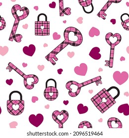 Decorative locks and keys with pink buffalo plaid background on seamless pattern. Seamless pattern for St. Valentine