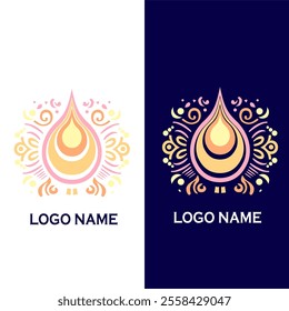 A decorative logo featuring a central droplet shape surrounded by symmetrical ornamental patterns in warm pastel tones.