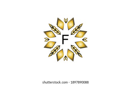 Decorative logo with geometric shapes and spikelets on a white background.Creative vector sign, illustration of emblem with letter F. Eco emblem.
