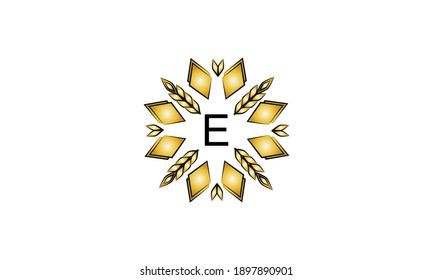 Logo decorativo con formas geométricas y puntas sobre fondo blanco.Signo vectorial creativo, ilustración del emblema con letra E. Emblema ecológico.