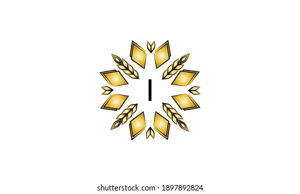 Logo decorativo con formas geométricas y puntas sobre fondo blanco.Signo vectorial creativo, ilustración del emblema con letra I. Emblema ecológico.